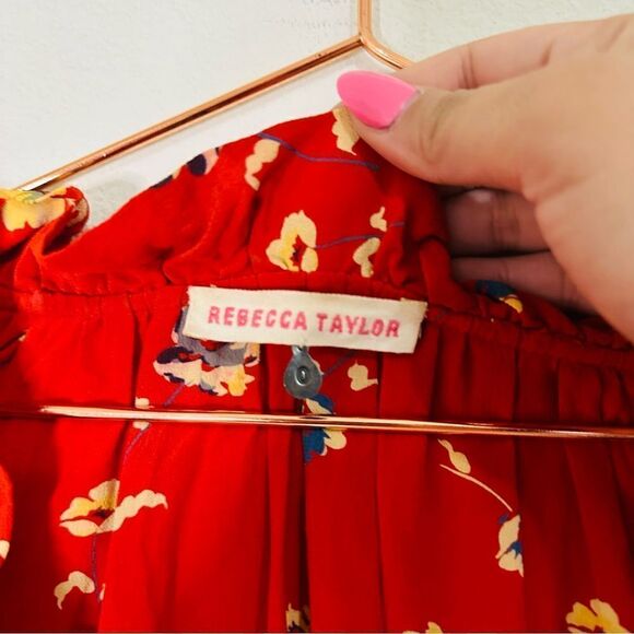 EUC Rebecca Taylor Red Floral Boho Silk Top 0 - Picture 3 of 4